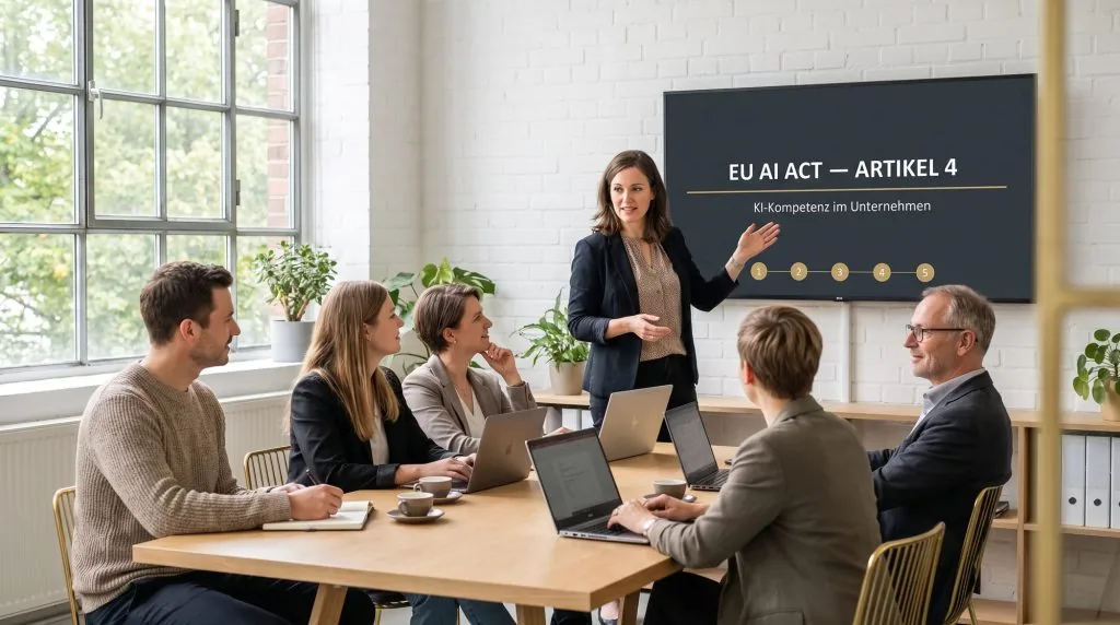 KI-Schulung im Unternehmen: Trainerin präsentiert EU AI Act Artikel 4 – KI-Kompetenz vor einem Team im Besprechungsraum