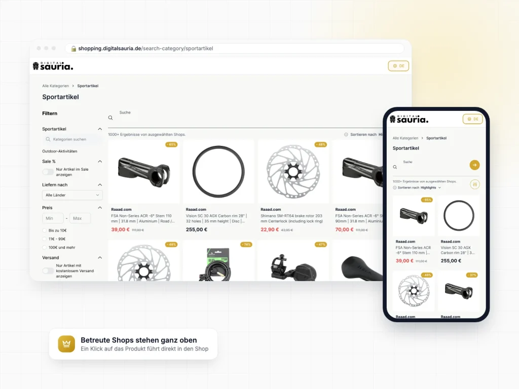 Portal Digitalbasis Shopping am Desktop und auf dem Smartphone, betreute Shops stehen ganz oben