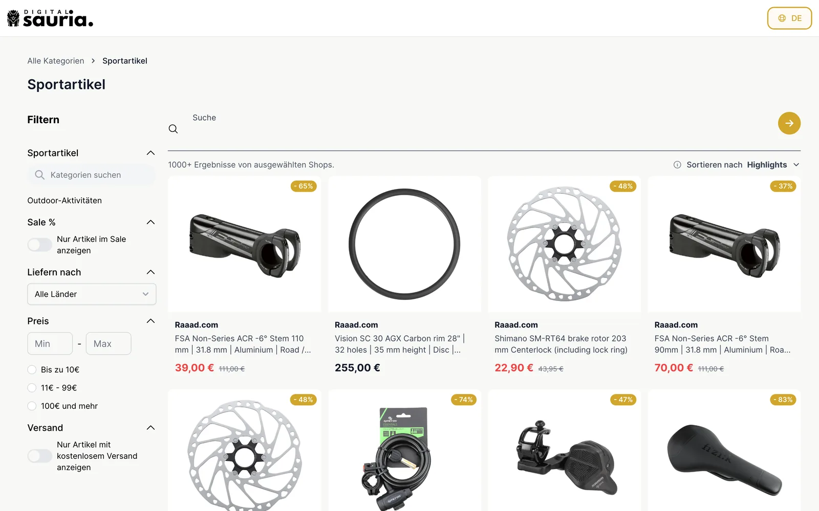 Produktliste auf dem Portal Digitalbasis Shopping: betreute Shops stehen oben, mit Preis und Rabatt
