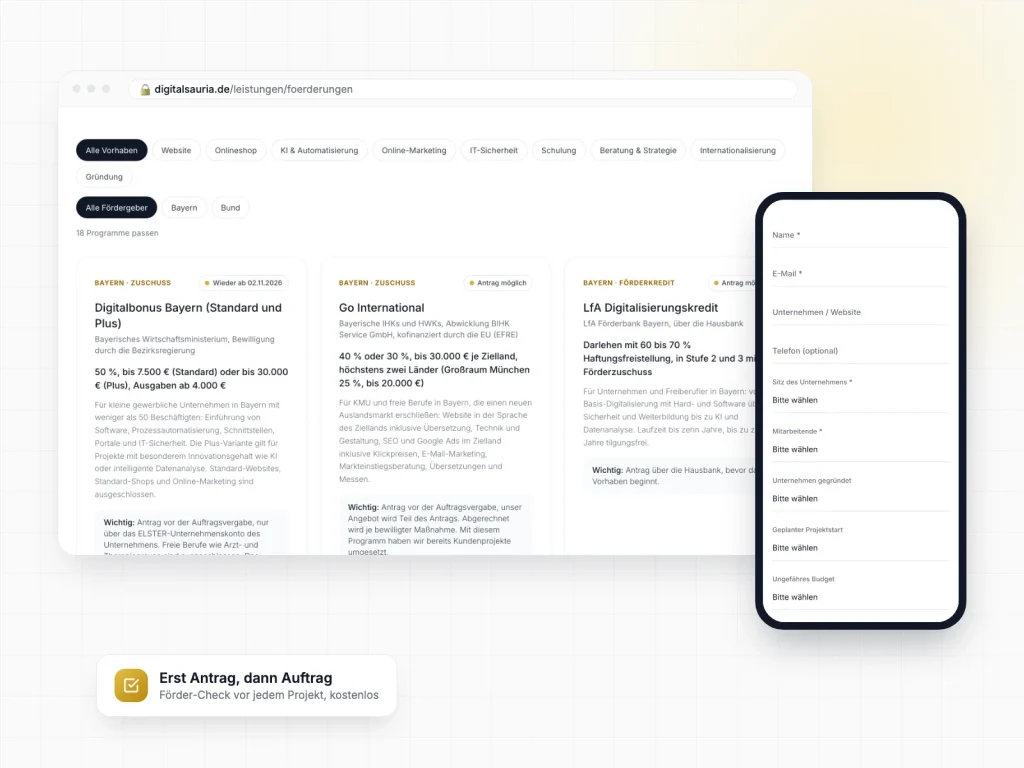 Übersicht der Förderprogramme mit Filter am Desktop und Förder-Check-Formular auf dem Smartphone